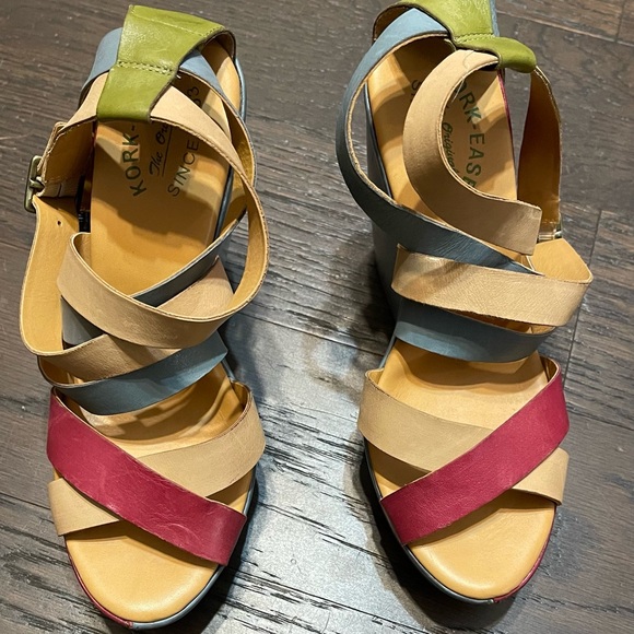 Kork-Ease Wedge Strappy Platform Sandals Tan Red Blue Leather Size 8 - Picture 5 of 5